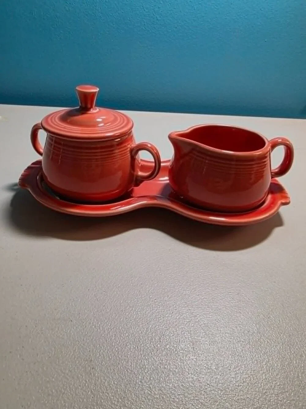 ☕ Fiesta Ceramic Sugar Bowl and Creamer Set with Figure 8 Tray (Persimmon)